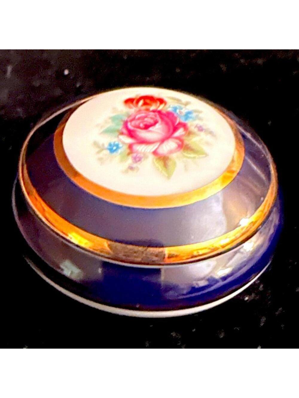 Vintage Limoges mini cobalt blue floral trinket box with 24Kgold details